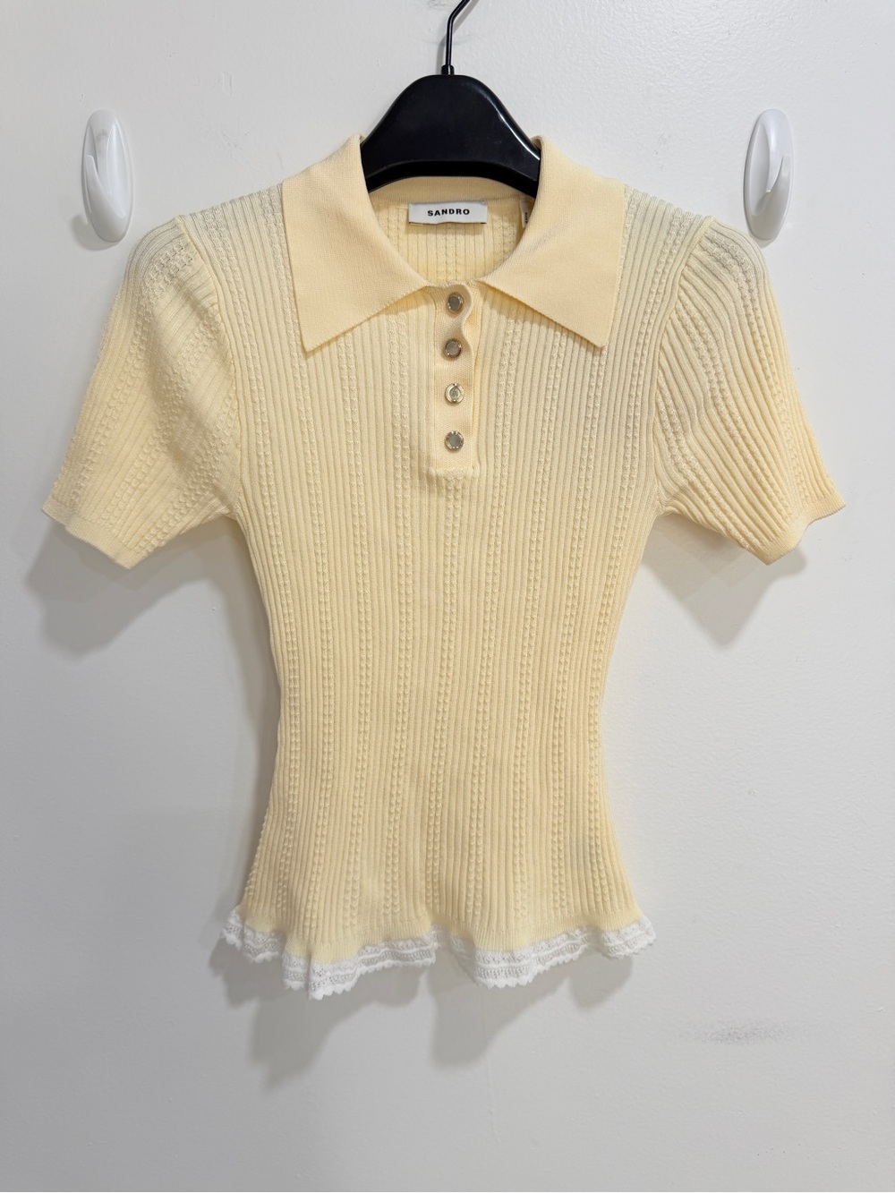 Sandro NWT Pale Yellow Ribbed Short-Sleeve Polo Top with Lace Hem